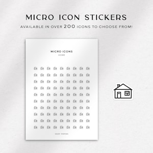 Puede incluir: Una hoja de pegatinas de iconos micro en blanco y negro con un icono de casa. La hoja tiene el texto "MICRO ICONS" y "HOME" en la parte superior y "DAISY PAPERS" en la parte inferior.