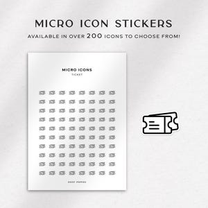 May include: A sheet of white paper with a black and white outline of a ticket icon repeated 100 times. The text "MICRO ICONS" and "TICKET" is at the top of the sheet. The text "DAISY PAPERS" is at the bottom of the sheet.