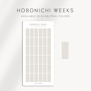 Puede incluir: Una hoja de pegatinas de resaltado diario imprimibles para una agenda Hobonichi Weeks. Las pegatinas son de color crema claro y están dispuestas en forma de cuadrícula. El texto "HOBONICHI WEEKS Daily Highlights | CREAM" está en la parte superior de la hoja.