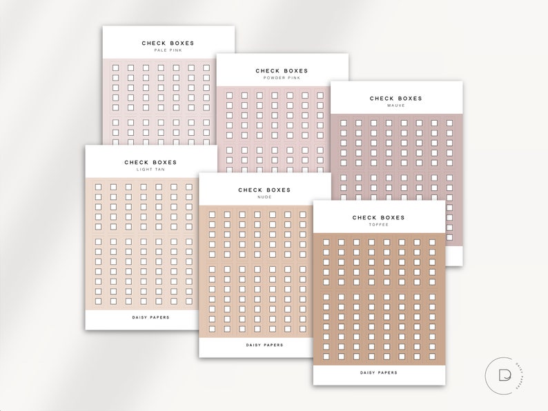 K&ouml;nnte beinhalten: Sechs druckbare Kontrollk&auml;stchen-Bl&auml;tter in verschiedenen neutralen Farben, darunter Hellrosa, Puderrosa, Mauve, Hellbraun, Nude und Toffee. Jedes Blatt tr&auml;gt den Text "CHECK BOXES" und den Farbnamen. Die Bl&auml;tter wurden von Daisy Papers entworfen.