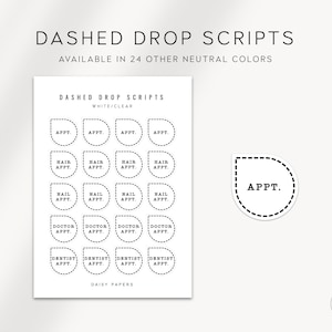 May include: A sheet of white paper with black dashed circle stickers that say "APPT." with different text inside each circle. The text includes "APPT", "HAIR APPT", "NAIL APPT", "DOCTOR APPT", and "DENTIST APPT". The text "DASHED DROP SCRIPTS" is at the top of the sheet and "WHITE/CLEAR" is below it. The text "DAISY PAPERS" is at the bottom of the sheet.