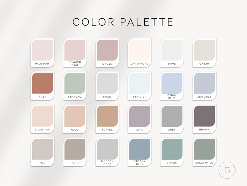 K&ouml;nnte beinhalten: Farbpalette mit 20 Farbmustern. Jedes Muster ist mit einem Farbnamen beschriftet, wie z. B. Hellrosa, Puderrosa, Lila, Champagner, Taube, Creme, Rost, Seegr&uuml;n, Schnee, Meeresnebel, Jeansblau, Zen-Grau, Hellbraun, Nude, Toffee, Flieder, Grau, Braun, Nebel, Taupe, Modernes Grau, St&uuml;rmisch Blau, Fr&uuml;hling und Eukalyptus.