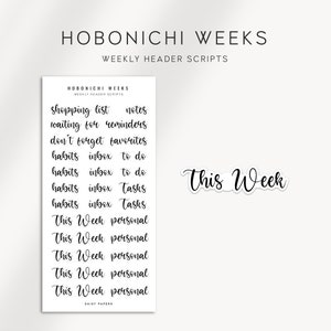 WEEKLY HEADER SCRIPTS - Hobonichi Weeks Stickers  | Functional Planner Stickers | Minimal Planner Stickers designed for the Hobo Weeks