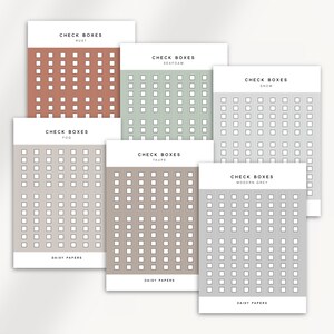 K&ouml;nnte beinhalten: Sechs druckbare Kontrolllistenbl&auml;tter mit verschiedenen Hintergrundfarben. Die Hintergr&uuml;nde sind Rost, Salbeigr&uuml;n, Schnee, Beige, Taupe und modernes Grau. Jedes Blatt tr&auml;gt den Text "Check Boxes" und den Farbnamen. Die Bl&auml;tter sind f&uuml;r die Verwendung mit Stift oder Bleistift konzipiert.