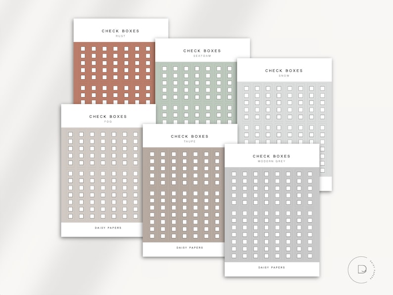 K&ouml;nnte beinhalten: Sechs druckbare Kontrolllistenbl&auml;tter mit verschiedenen Hintergrundfarben. Die Hintergr&uuml;nde sind Rost, Salbeigr&uuml;n, Schnee, Beige, Taupe und modernes Grau. Jedes Blatt tr&auml;gt den Text "Check Boxes" und den Farbnamen. Die Bl&auml;tter sind f&uuml;r die Verwendung mit Stift oder Bleistift konzipiert.