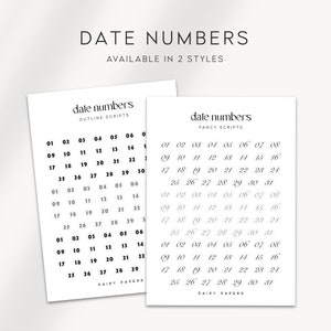 May include: Two sheets of paper with black numbers printed on them. The numbers are arranged in a grid pattern. The top sheet has the text "date numbers" and "outline scripts". The bottom sheet has the text "date numbers" and "fancy scripts".