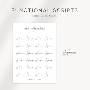 Pode incluir: Uma folha de cabeçalhos cursivos imprimíveis com a palavra "Home" repetida várias vezes em uma fonte de escrita à mão. A folha é intitulada "cursive headers" e inclui o texto "Daisy Daper's".