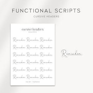 Pode incluir: Uma folha imprimível de cabeçalhos em cursiva que diz "Lembrete" em texto preto sobre fundo branco. A folha é intitulada "Cabeçalhos em cursiva" e é da Daisy Papers.