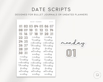 DATE SCRIPTS (DS-001) - Monday to Sunday and Number Date Scripts - Planner Stickers | Minimal & Functional Planner Stickers | Bujo Stickers