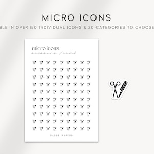 May include: A sheet of paper with a grid of 64 small black and white icons of scissors and combs. The text "micro icons" is at the top of the sheet. The text "scissors / comb" is below the icons. The text "DAISY PAPERS" is at the bottom of the sheet.