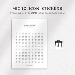 May include: A sheet of white paper with a black and white outline of a trash can repeated 100 times. The text "MICRO ICONS GARBAGE CAN" is at the top of the sheet. The text "BAIST PAPERS" is at the bottom of the sheet.
