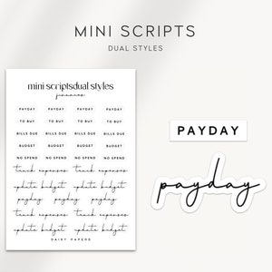 Peut inclure: Une feuille d'autocollants imprimable avec deux styles différents du mot "payday" en texte noir. La feuille comprend les mots "payday", "to buy", "bills due", "budget", et "no spend" en texte noir sur fond blanc. La feuille comprend également les mots "track expenses", "update budget", et "payday" en texte cursive noir sur fond blanc.