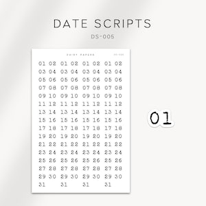 Puede incluir: Una hoja imprimible de guiones de fechas para una agenda o un diario. La hoja incluye los números del 1 al 31, repetidos cuatro veces, en una fuente de máquina de escribir. El texto "DATE SCRIPTS" y "DS-005" está en la parte superior de la hoja. El texto "DAISY PAPERS" y "05-004" está en la parte superior de la hoja.