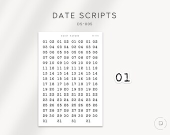 DATE SCRIPTS (DS-005) - Number Date Typewriter Font Planner Stickers | Minimal & Functional Planner Stickers | Bujo Number Date Stickers