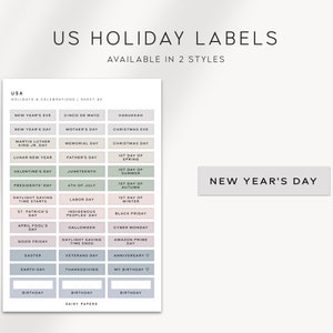 May include: A printable sheet of US holiday labels in two styles. The labels are in a variety of colours and feature the names of holidays such as New Year's Day, Cinco de Mayo, Hanukkah, Mother's Day, Memorial Day, Father's Day, Juneteenth, 4th of July, Labour Day, Indigenous Peoples' Day, Halloween, Thanksgiving, and more.