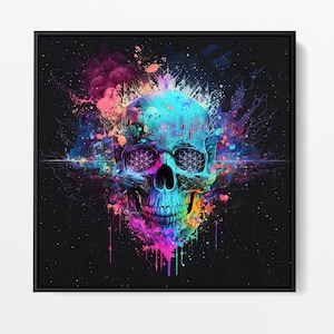 May include: A colorful skull with geometric patterns in the eye sockets is surrounded by a burst of vibrant paint splatters on a black background.