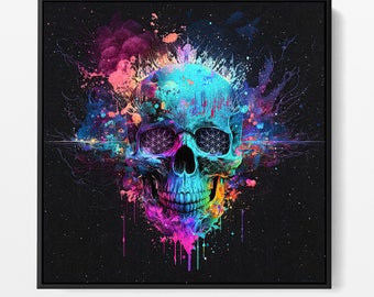 Colorful Skull Art - Memento Mori Art - Cool Wall Art - Colorful Exploding Skull Painting - Death Art - Skull Painting - Black Painting