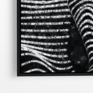 May include: Black and white abstract art print with a striped pattern. The print has a textured, brushstroke effect.