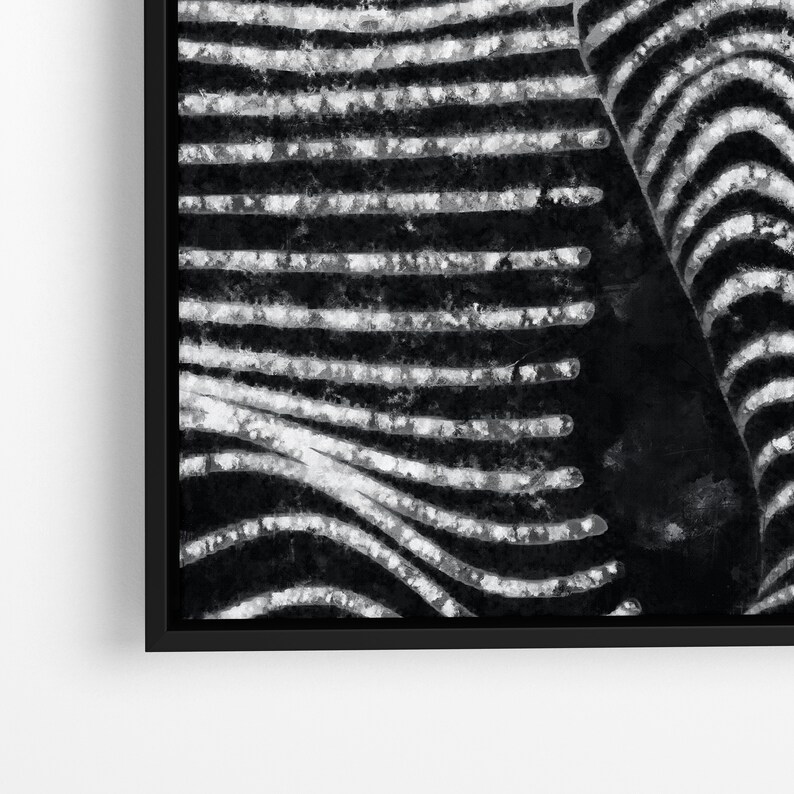 May include: Black and white abstract art print with a striped pattern. The print has a textured, brushstroke effect.