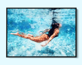 Underwater Woman Wall Art – Swimmer in Blue Pool – Modern Coastal Canvas Print – Black Frame – Beach Bathroom or Ocean-Inspired Home Decor
