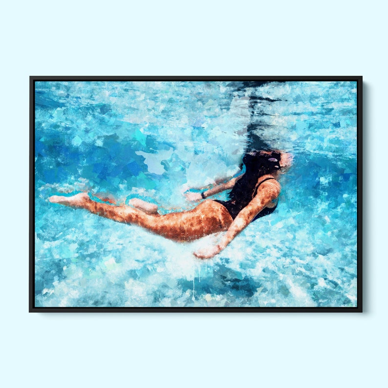 May include: A watercolor painting of a person swimming underwater in a pool. The person is wearing a black swimsuit and is floating on their back with their arms outstretched. The water is a vibrant blue and the painting has a soft, dreamy feel.