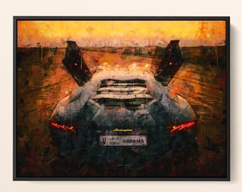 Lamborghini Wall Art – Abstract Supercar Canvas Print – Sunset Sports Car Artwork – Modern Luxury Decor for Office, Garage or Man Cave