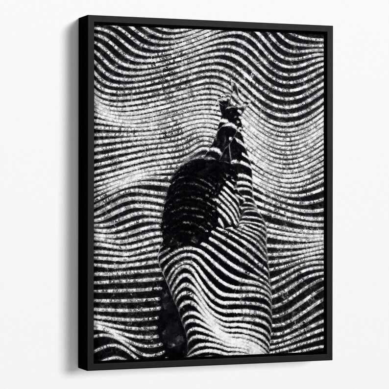 May include: Black and white abstract art print featuring a silhouette of a person's body with wavy lines.