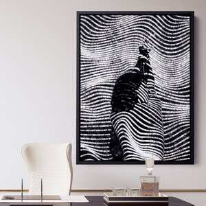 May include: Black and white abstract art print of a person's silhouette with wavy lines.