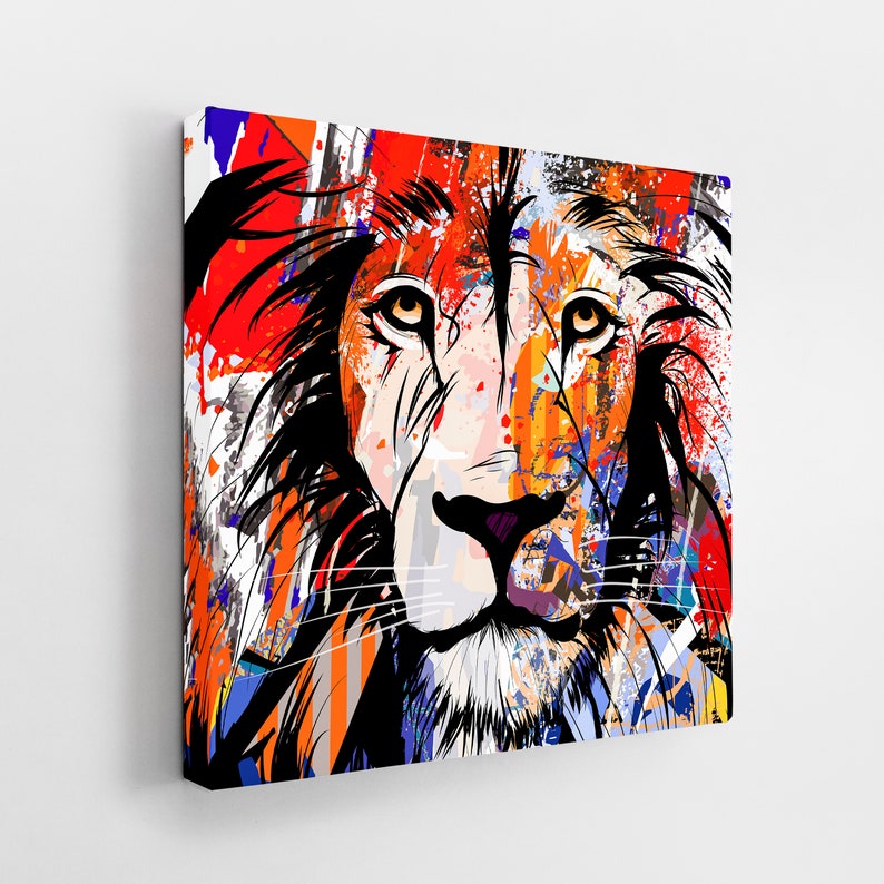 May include: A colourful abstract painting of a lion's face with a splash of paint background. The lion's face is in the centre of the painting and is surrounded by a variety of colours, including red, orange, yellow, blue, and green.
