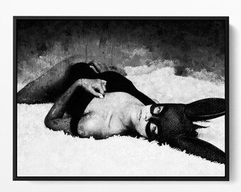 Sexy Black and White Bunny Mask Woman Wall Art – Sensual Female Portrait Print – Erotic Bedroom Decor – Modern Glam Art for Him or Her