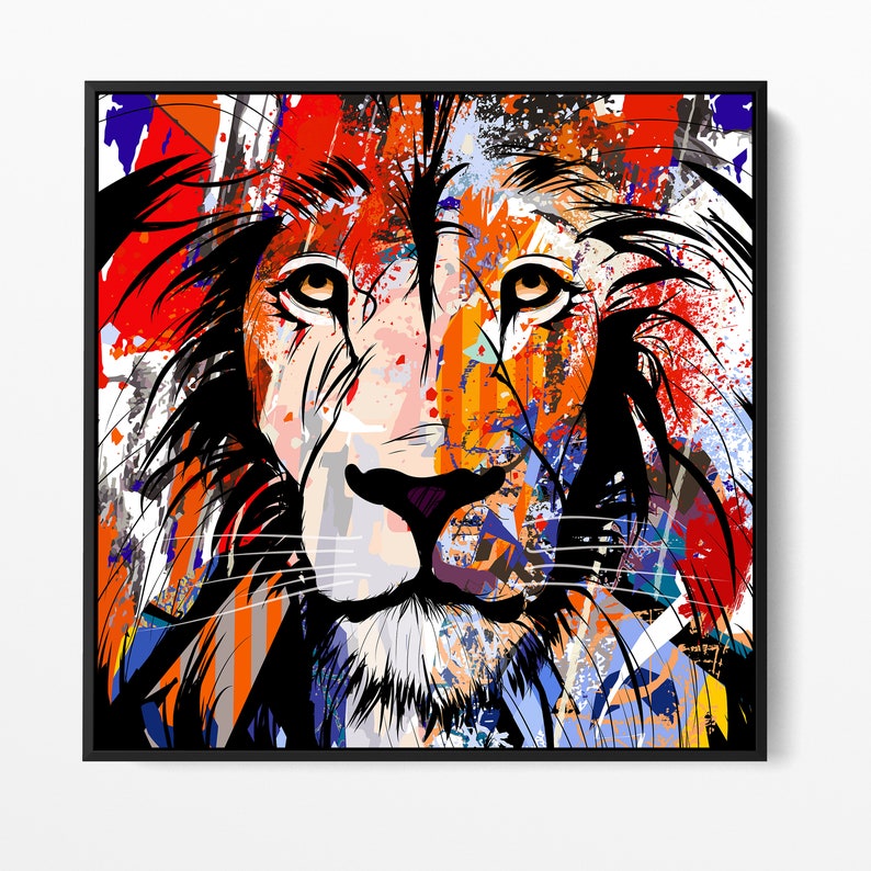 May include: A close-up of a lion's face in a colourful abstract style. The lion's mane is black and red, with splashes of orange, blue, and yellow paint.