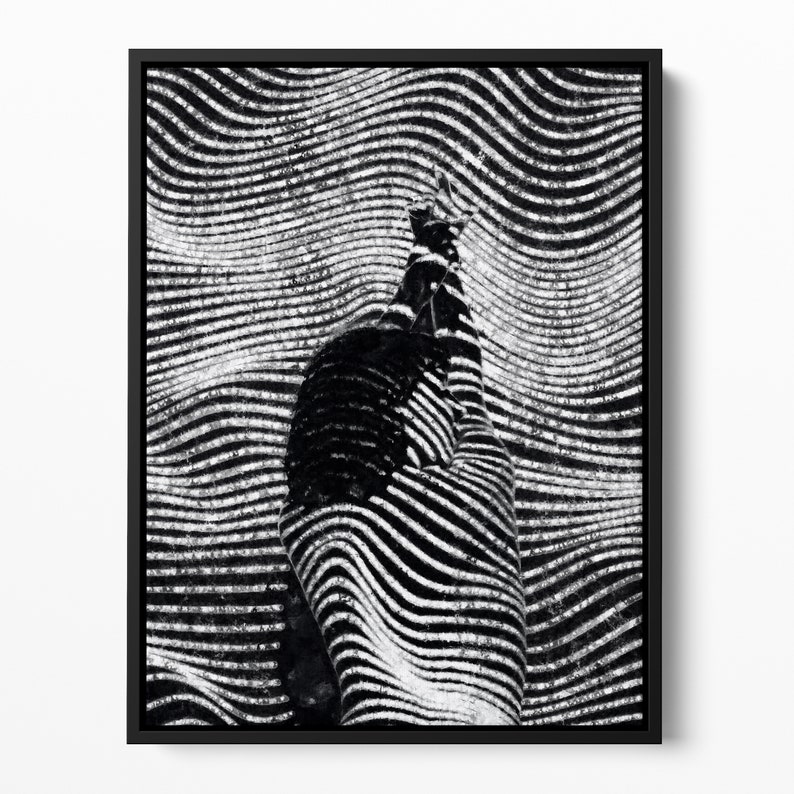 May include: Black and white abstract art print featuring a silhouette of a person's body with wavy lines.