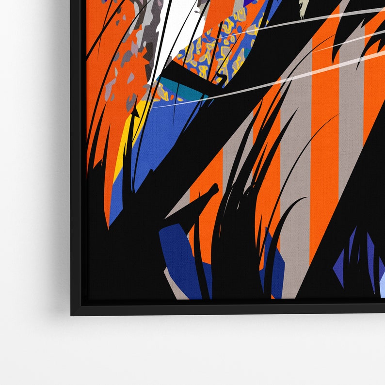 May include: Abstract art print with bold colours and geometric shapes. The print features a black, blue, orange, and grey colour scheme. The print is framed in a black frame.