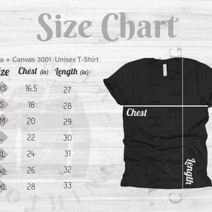 May include: Size chart for a Bella + Canvas 3001 Unisex T-Shirt. The chart shows chest and length measurements in inches for sizes XS to 3XL.