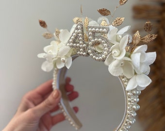 Birthday headband with flowers, gold leaf and pearl beading