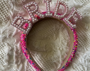 Pink hundreds and thousands bride pearl headband