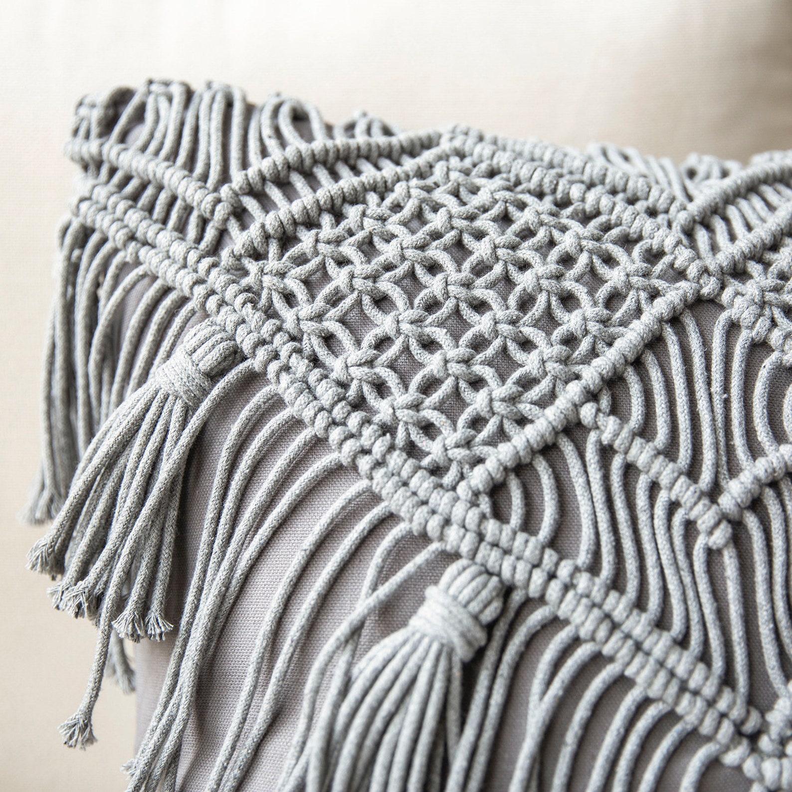 Macramé Grey Throw Pillow Cushion Cover Boho Decorative Woven Etsy