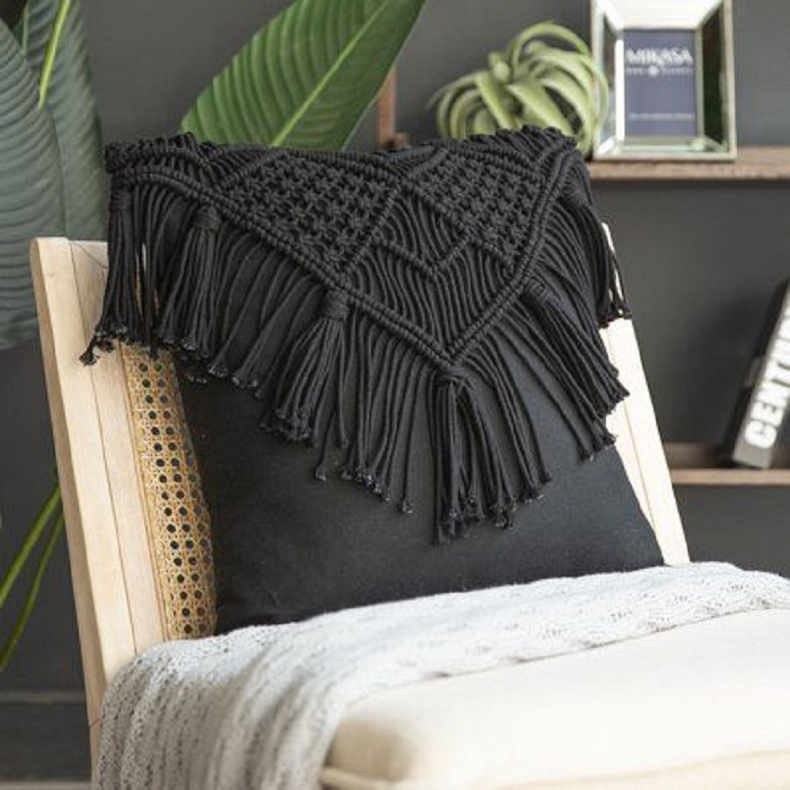 Black Macrame Throw Pillow Cushion Cover Boho Decorative Woven Etsy