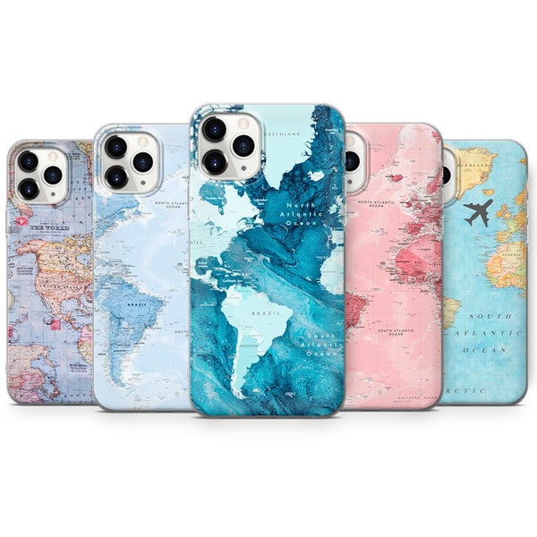 Funda para teléfono con mapa mundial Funda con impresión de viaje apta para iPhone 15 Pro Max, 14 Plus, 13, 12, 11, XR y Samsung S24, S23, A54, A53, Pixel 8 Pro, 7