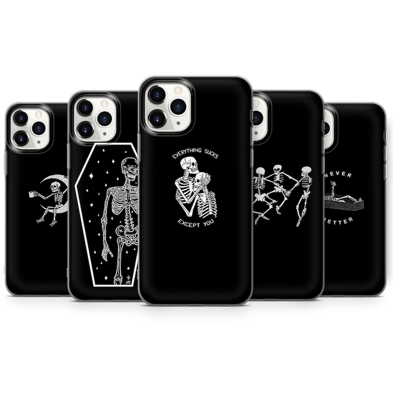 Skeleton Phone Case Black Gothic Cover fit for iPhone 14 Pro, 13, 12, 11, X,Xr 8+, 7 & Samsung S21, A50, A51, A13, Huawei P20, P30 Pro 