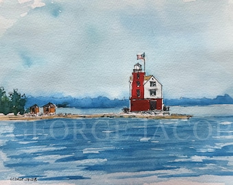 Round Island Lighthouse Watercolor - Hand-Painted Michigan Maritime Art - Archival Cold Press Paper Print - Mackinac Island Heritage Decor