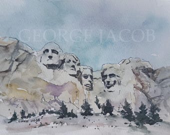 Mount Rushmore Aquarell Drucke / USA Nationalparks / Denkmäler / Sammlerstück / US Wahrzeichen / Mount Rushmore Kunstdrucke in Aquarell