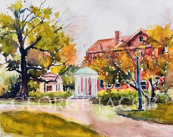 UNC Chapel Hill Old Well aquarelafdruk door George Jacob, UNC afstudeercadeau, gepersonaliseerd afstudeercadeau, Chapel Hill NC-kaartjes