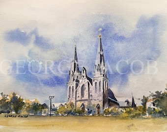 Villanova University St. Thomas Church Watercolor Art - Hand-Painted Gothic Architecture Print - Archival Villanova Alumni & Graduation Gift