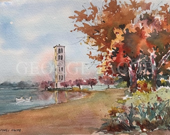 Furman University Bell Tower – Archival Watercolor Art , Swan Pond Watercolor Print, University Present, Handmade Graduation Gift, Cards