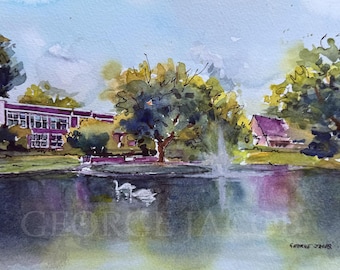 Impresión de acuarela del estanque de los cisnes de la Universidad de Millersville, regalo universitario, arte del Centro Biemsderfer, regalo de graduación de MU hecho a mano, tarjetas o póster