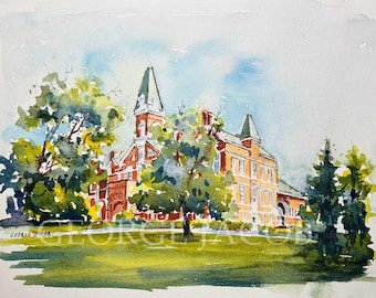 Des Moines Iowa Fine Art Print, Campus Watercolor by George Jacob, Blue and White Office Art, Graduation Milestone Gift, Memoir Poster