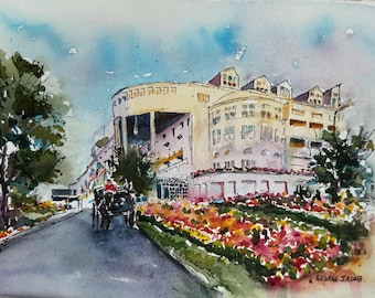 Mackinac Island Grand Hotel Watercolor Print, Michigan Landmark Art