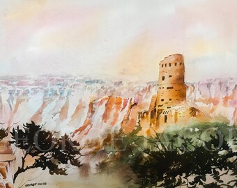 Grand Canyon South Rim Fine Art Print, Desert Watchtower Watercolor Landscape Painting, Mary Colter Architecture, Southwestern Wall Art