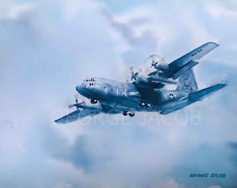 C-130 Hercules Watercolor Art Print, Military Transport Airplane Painting, Air Force Veteran Pilot Gift, Aviation Office Wall Art Decor